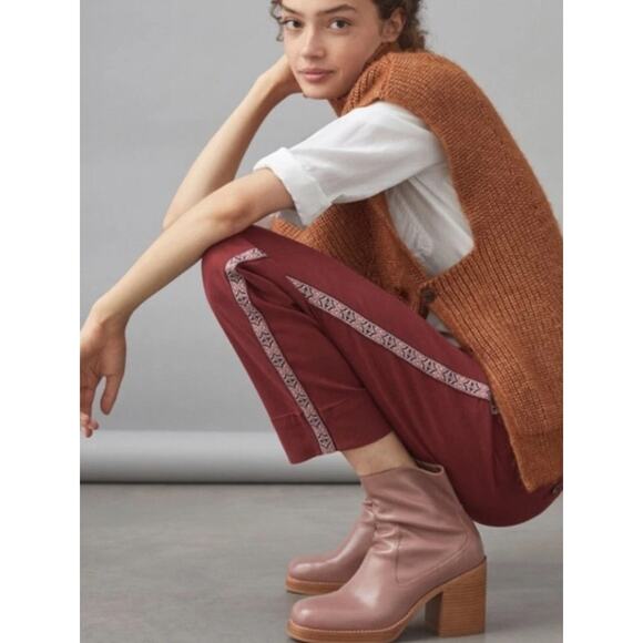 Anthropologie Wine Colored Pants with Trimmed Tuxedo Stripe Size 4 - Picture 2 of 7